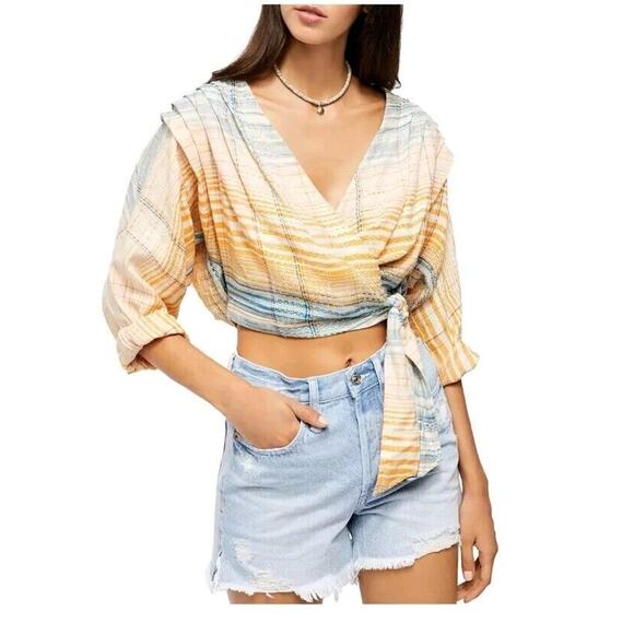 Free People Top Maldives Surplice Wrap Cotton Misty Blue Orange Combo Medium - Picture 1 of 11